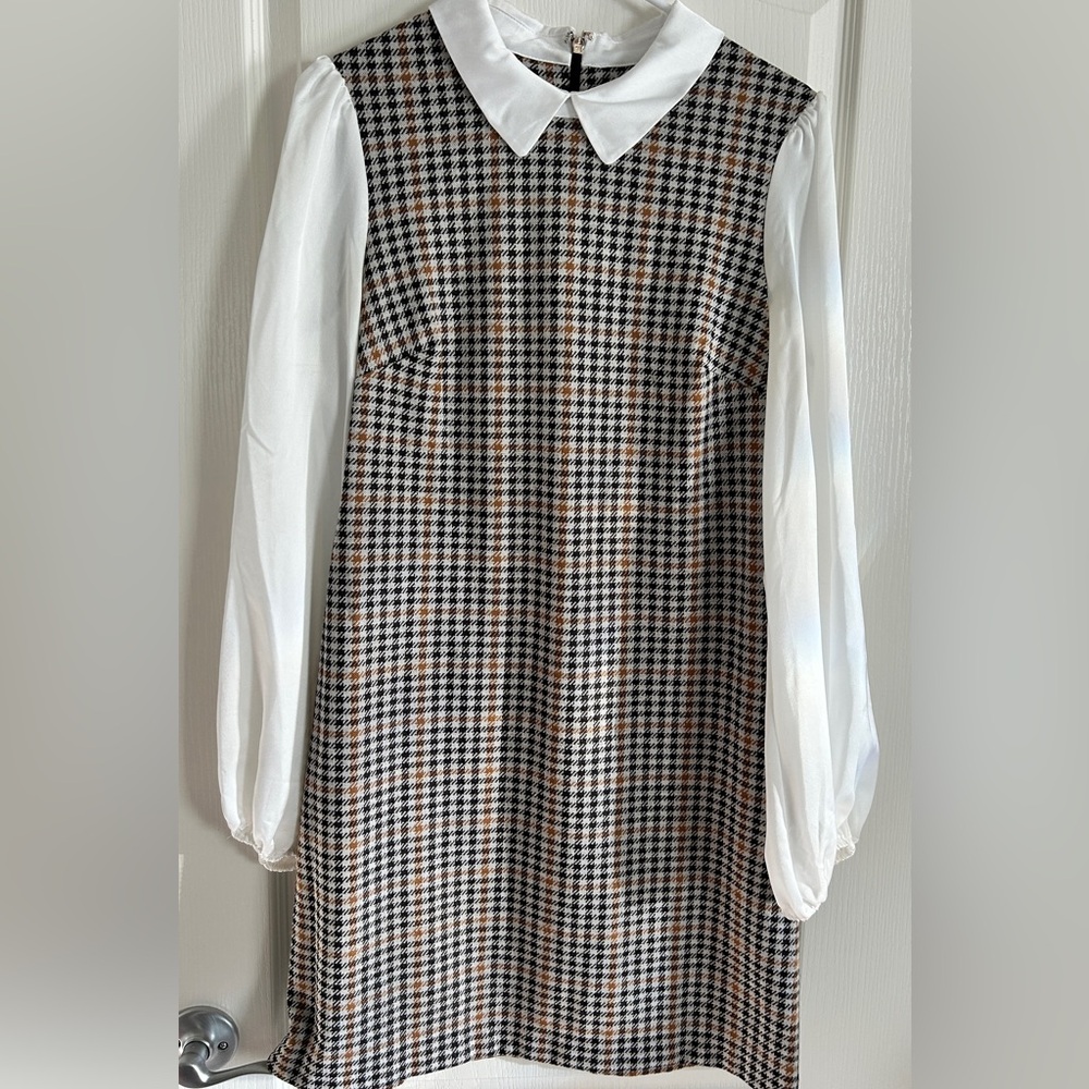 Tommy Hilfiger Black, White and Brown Sheath Dress with Bishop Sleeves